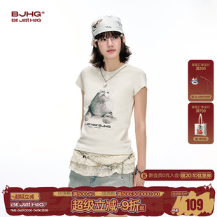 修身 BJHG不计后果趣味小猫抓鱼T恤短袖 女款 夏季 上衣女 设计感半袖