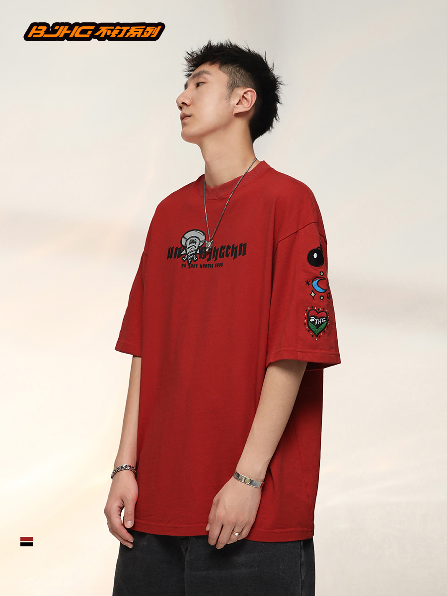 BJHG self-made summer national tide embroidery labeling loose all-match round neck short-sleeved T-shirt boys half-sleeved top special price