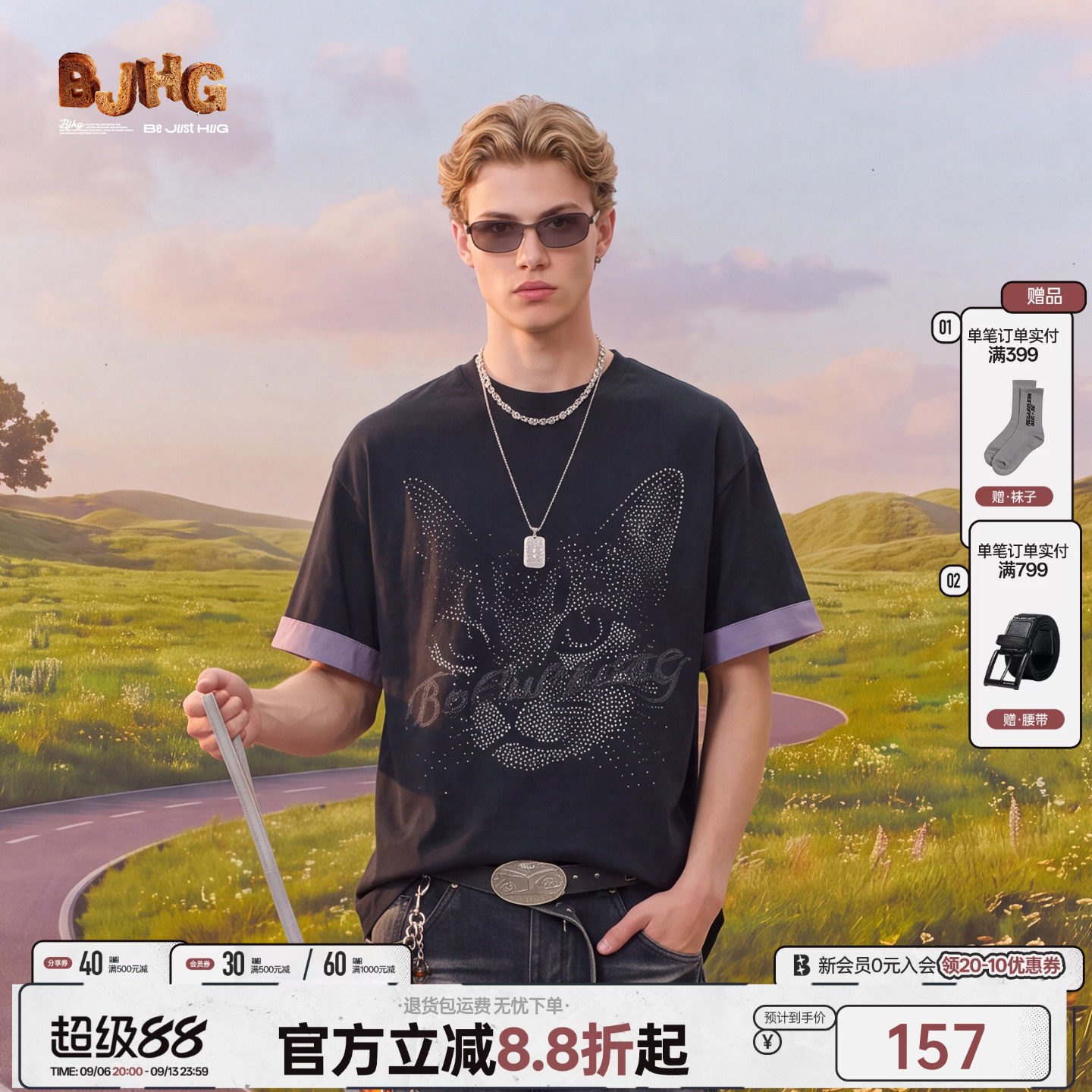 【不宠】BJHG不计后果 仿烫钻小猫短袖男款2026新款美式复古T恤女图片