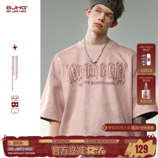 夏季 男款 美式 潮牌粉色情侣装 女 BJHG不计后果 半袖 复古运动t恤短袖