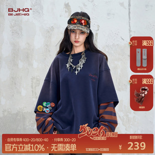 T恤女 秋冬潮牌复古痞帅宽松假两件长袖 BJHG不计后果美式 卫衣男款