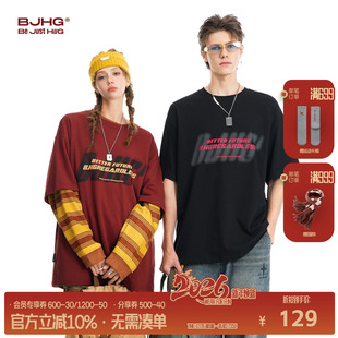 半袖 BJHG不计后果美式 潮牌纯棉红色情侣装 t恤男夏季 T恤女 复古短袖