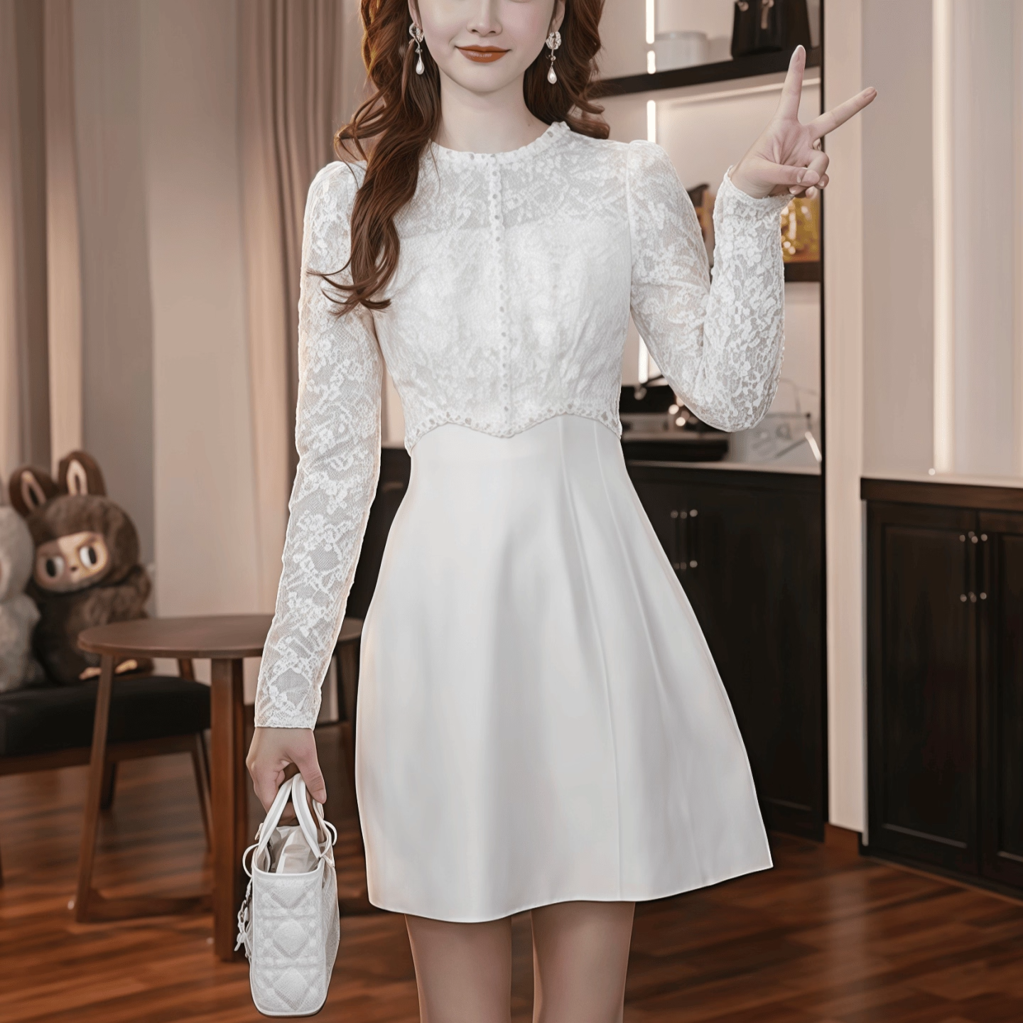 巨好看重工蕾丝绣花a字连衣裙