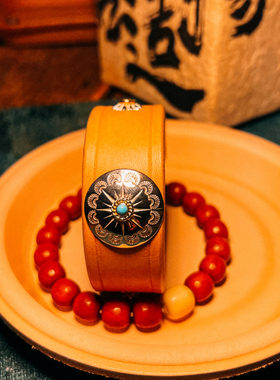 Sanson原创设计日本枥木植鞣牛皮手环手镯镶嵌绿松石阿美咔叽复古