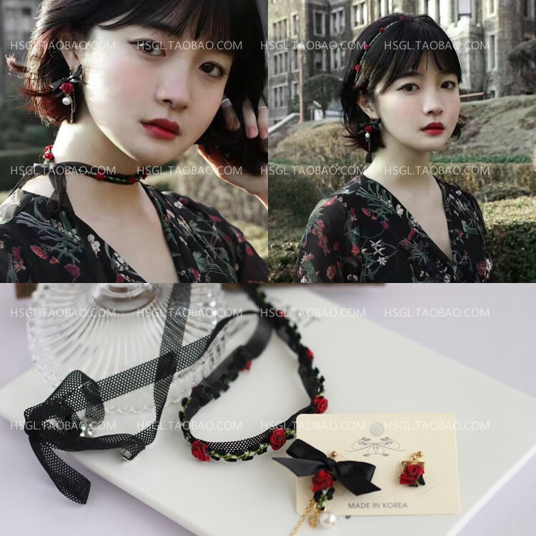 韩国进口代购maylee玫瑰花蝴蝶结花朵蕾丝颈链发箍发带项链