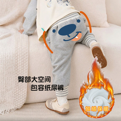 婴儿长裤子加绒休闲裤大pp裤高腰护肚秋冬宝宝保暖卡通可爱屁屁裤