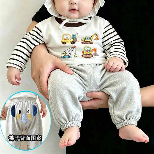 婴儿大pp裤套装春秋季宝宝纯棉卡通印花两件套儿童屁屁裤秋装a类