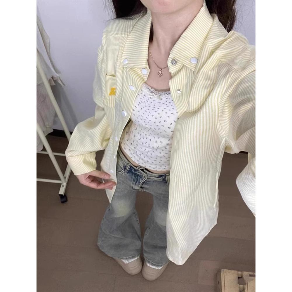 美式复古黄色条纹Polo领衬衫外套女春秋宽松休闲开衫慵懒chic上衣，女装衬衫，米鹿服饰