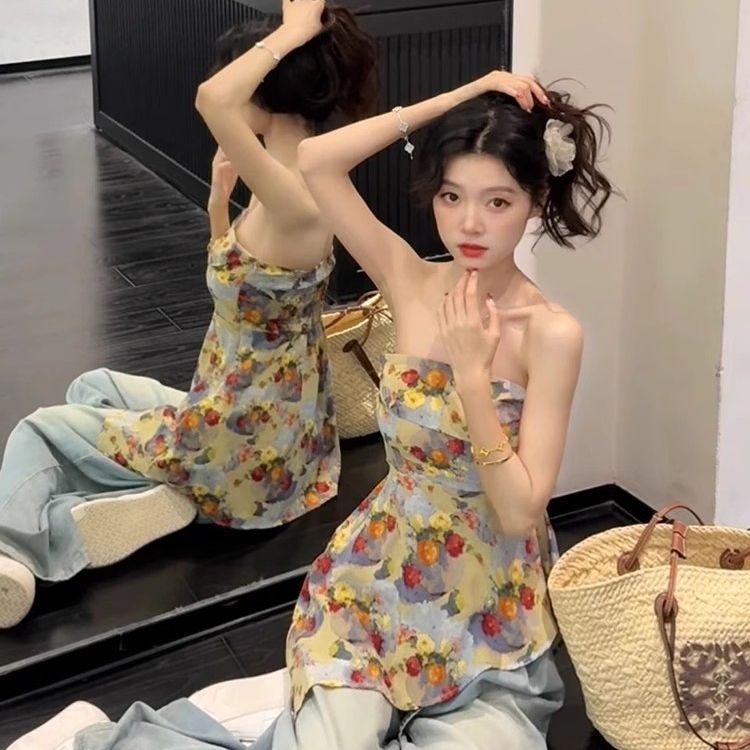 玖玖【双层抹胸】不规则收腰花色碎花抹胸吊带背心女夏季印花小衫，女装T恤，米鹿服饰