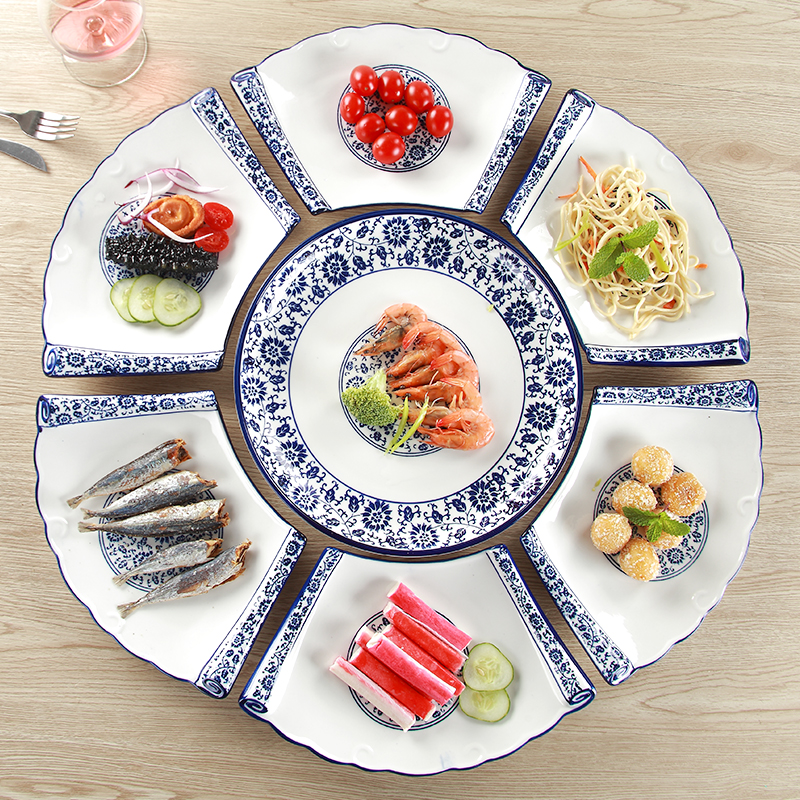 青花创意家用摆盘餐具套装 陶瓷拼盘 菜盘 圆形海鲜组合拼盘盘子