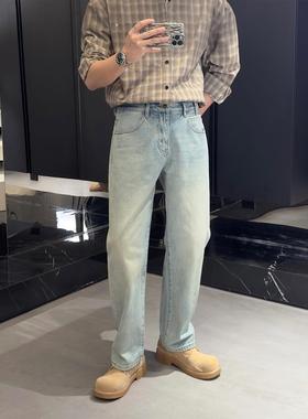 里奈男装休闲水洗浅蓝色百搭牛仔裤轻奢男士痞帅宽松直筒休闲长裤