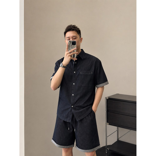 夏季薄款黑色牛仔套装男短袖衬衫
