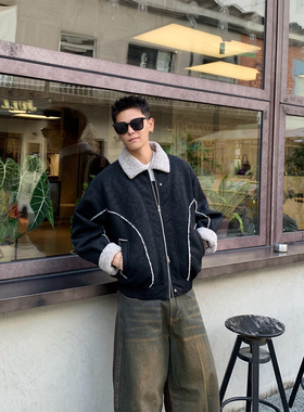 里奈男装「皮面一体」设计感羔毛翻领夹克外套男宽松休闲美式上衣