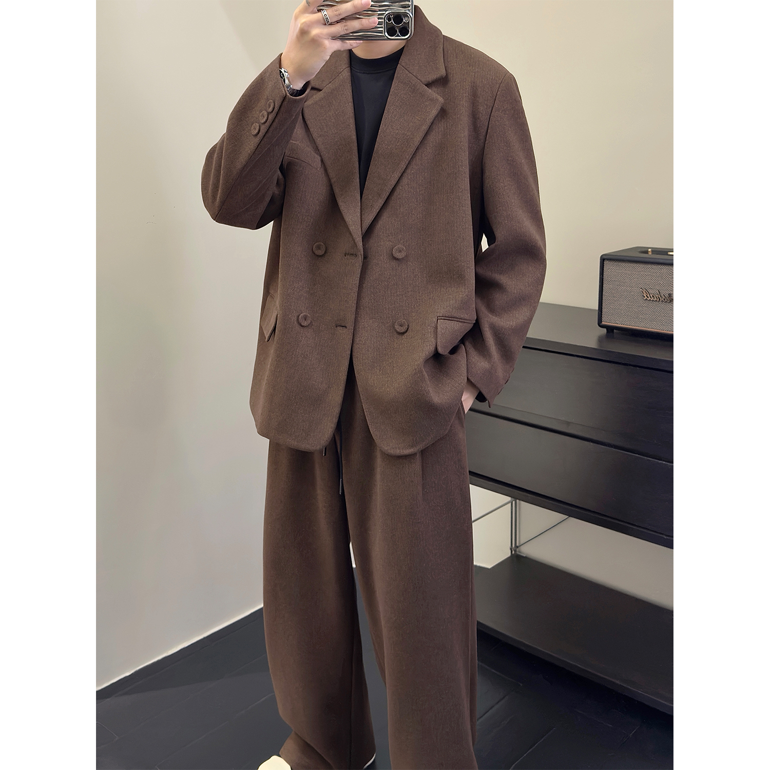 里奈男装「醋酸羊毛呢」秋冬老钱风西服套装男士宽松韩版复古西服