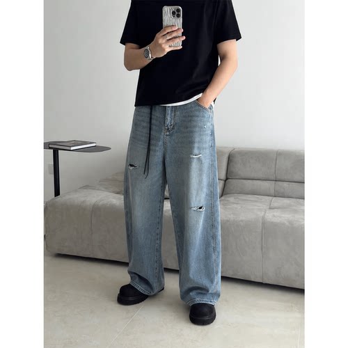美式复古破洞牛仔裤男夏季浅蓝水