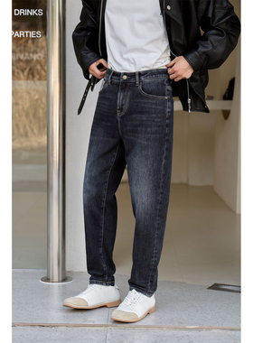 里奈男装冬季磨毛加厚修身黑灰色牛仔裤男士直筒小脚潮流痞帅长裤