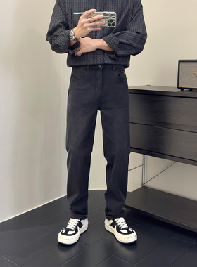 里奈男装秋季美式高街小直筒烟灰色牛仔裤男复古高弹小脚微喇长裤