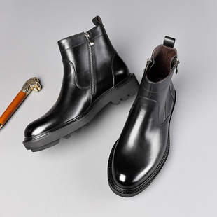 冬季高帮马丁皮靴男士加绒双拉链正装皮鞋真皮棉鞋厚底舒适短靴子