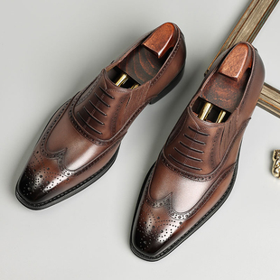 手工鞋透气一脚蹬商务正装皮鞋男真皮英伦风布洛克雕花休闲男鞋潮