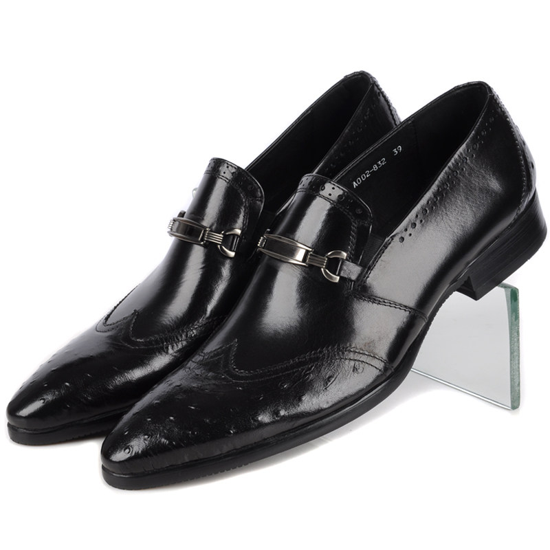 春秋英伦时尚男鞋尖头皮鞋真皮鸵鸟纹商务休闲发型师潮流单鞋子