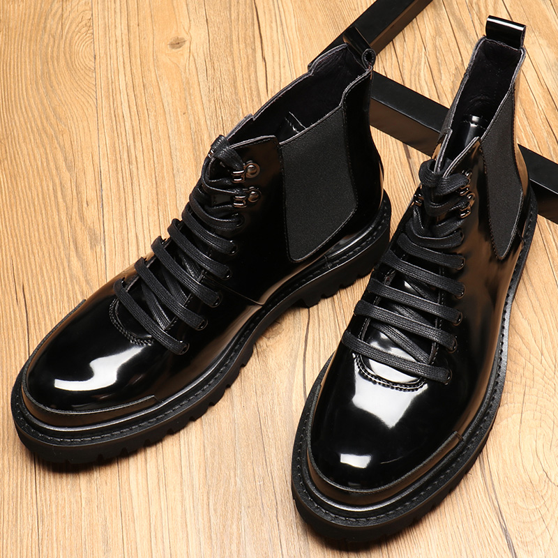 潮流时尚男士休闲高帮鞋漆皮男靴牛仔靴马丁靴真皮亮面厚底短靴子