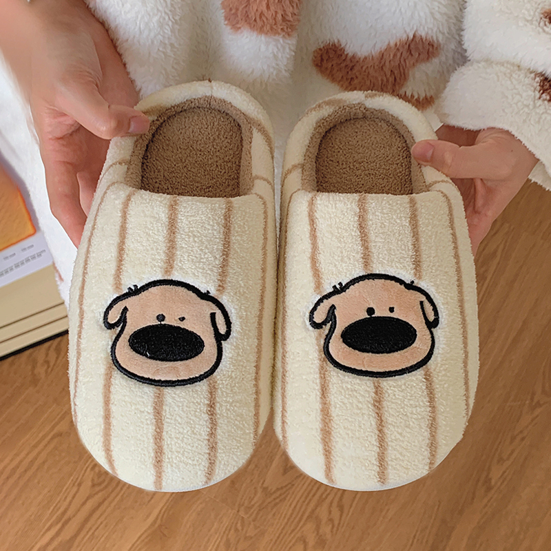 条纹黑鼻狗韩系休闲情侣居家棉拖