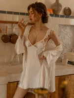 Сексуальная летняя пижама, шелковая лента, кружевной топ с чашечками, банный халат, комплект, эффект подтяжки