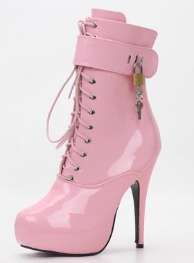 15CM超高跟鞋内防水台男女上锁性感系带漆皮短靴大码现货