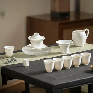 轻奢高档羊脂玉手工宋代马蹄盖碗组小型悬耳刻花端午送礼领导定制