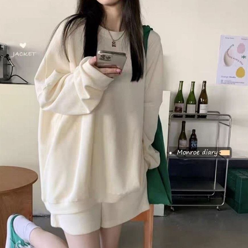 华夫格卫衣女宽松韩版春秋款薄短卫衣/绒衫