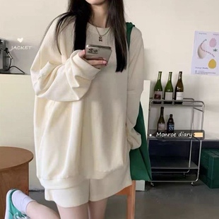 华夫格卫衣女宽松韩版春秋款薄短裤长袖t恤上衣学生慵懒风外套