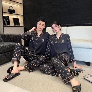 VOCKOO法式高端情侣装睡衣男女开衫大码大牌奢华夏秋季冰丝家居服