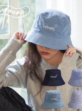 NotToday牛仔渔夫帽双面两用帽刺绣度假春夏旅行防晒遮阳帽显脸小