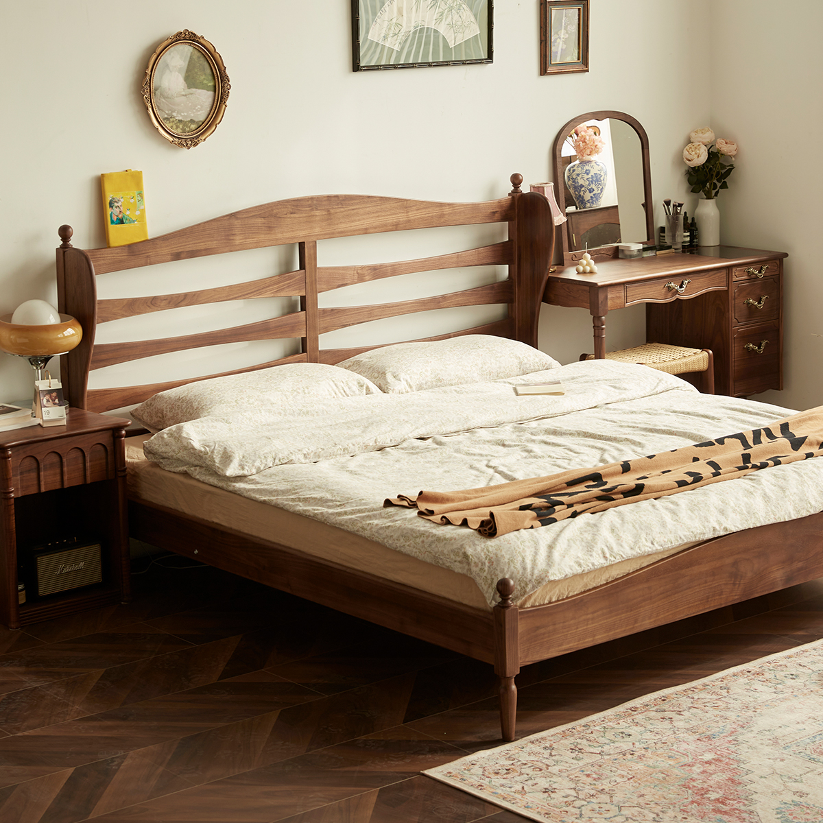 物应复古黑胡桃实木床