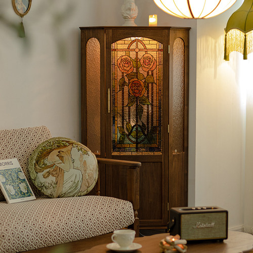 物应家居玫瑰彩绘玻璃实木角柜