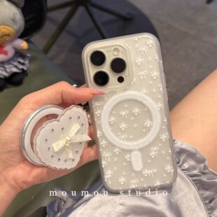 韩系ins蝴蝶结白色碎花磁吸支架适用iPhone15promax苹果14手机壳13pro防摔1211女16promax磨砂xsxr硬壳78plus