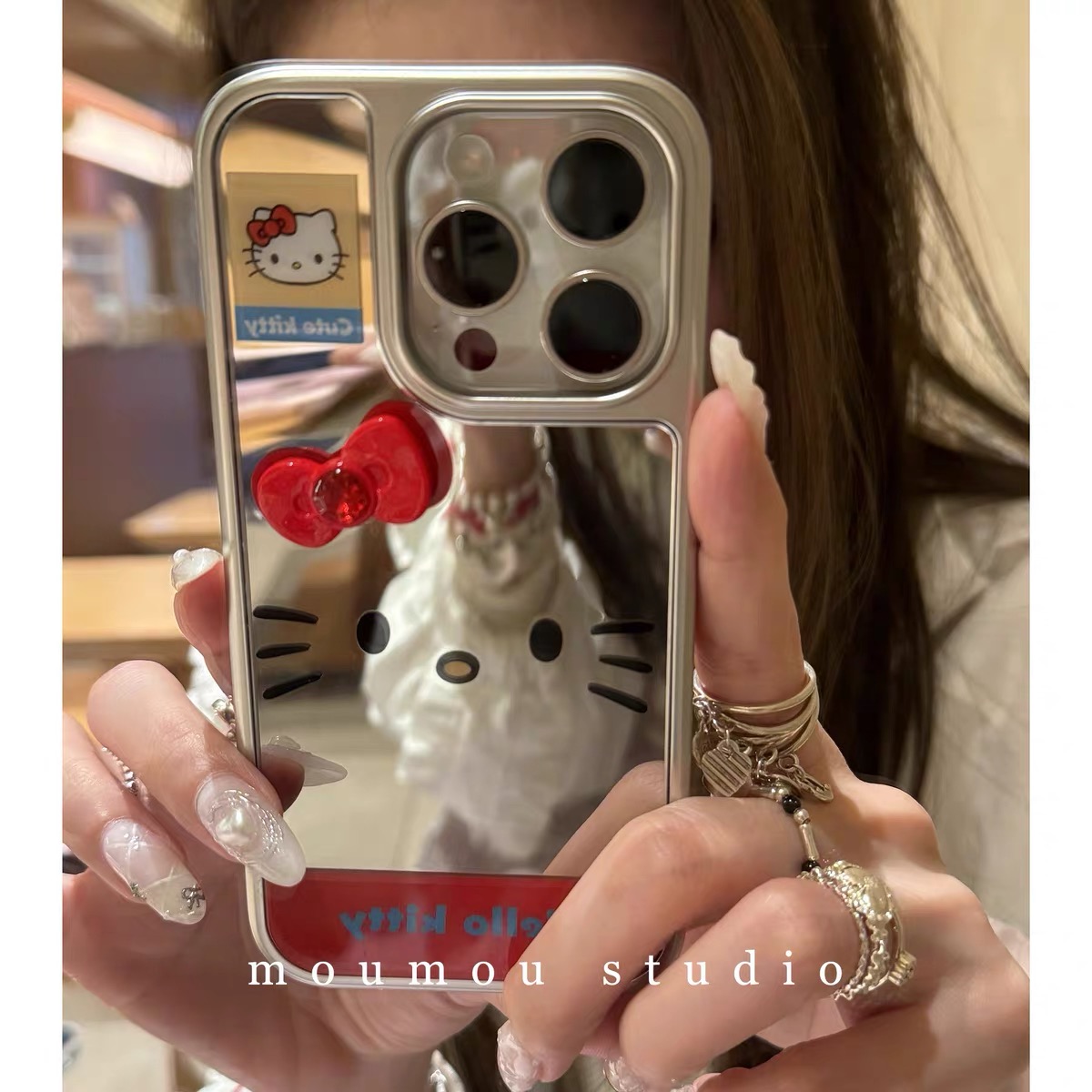 可爱卡通凯蒂猫表情补妆镜面苹果适用iPhone15promax苹果14手机壳13pro防摔1211日韩16promax女xsxr潮78plus