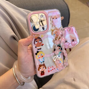 可爱围边哭娃女孩磁吸支架适用iPhone15promax苹果14手机壳13pro防摔1211全包16promax新款xsxr带手链78plus
