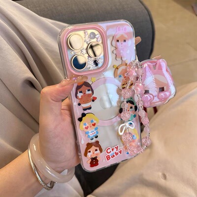 可爱围边哭娃女孩磁吸支架适用iPhone15promax苹果14手机壳13pro防摔1211全包16promax新款xsxr带手链78plus
