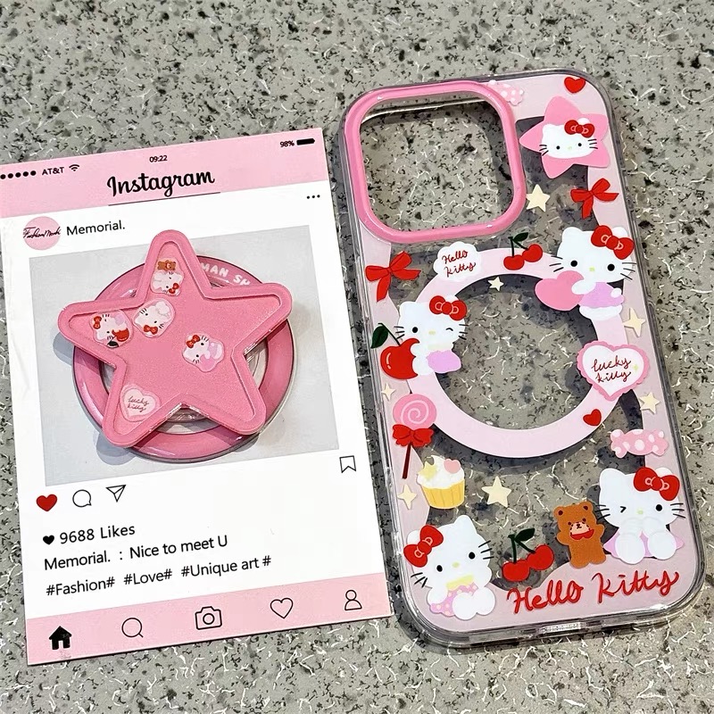 樱桃凯蒂猫摇摇乐磁吸支架适用iPhone15promax苹果14手机壳13pro防摔1211超萌16promax女xs/xr软6s78plus可爱