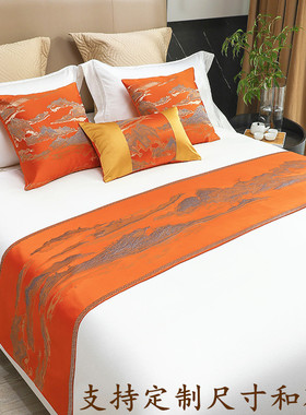 酒店床旗床尾巾美式轻奢床盖橙色床旗民宿公寓家用床巾样板房床毯