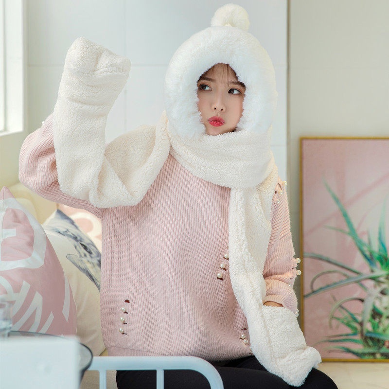 KOREAN VERSION OF CUTE BIG FUR COLLAR HAT SCARF GLOVES INTEGRATED DOUBLE LAYER THICKENED PLUSH WARM THREE-PIECE SET FOR STUDENT GIRLS WINTER