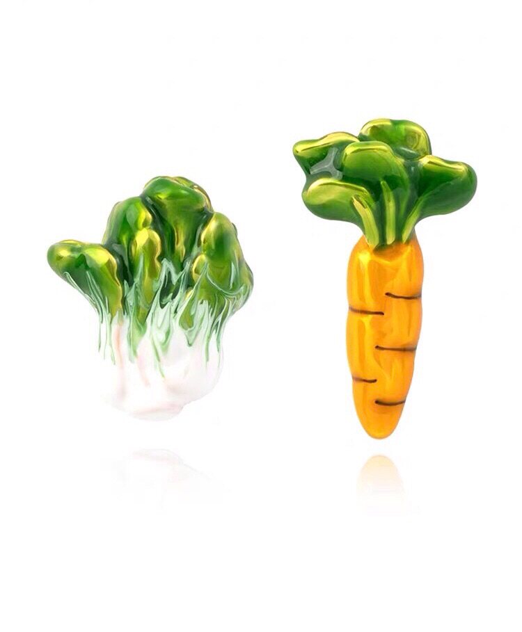 珐琅 立体白菜胡萝卜不对称款耳钉 925银针