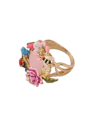 珐琅釉 花朵瓢虫蜜蜂粉色戒指不可调节七码