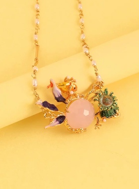 海洋系列珊瑚小鱼淡水珍珠项链粉色宝石元素手绘珐琅小众设计款