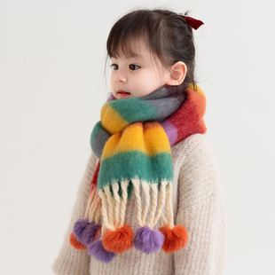 秋冬季儿童围巾新款长款女童针织毛线围脖保暖披肩彩色条纹多巴胺