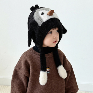 宝宝帽子毛绒帽秋冬季儿童护耳帽可爱小企鹅男童女童保暖加绒加厚