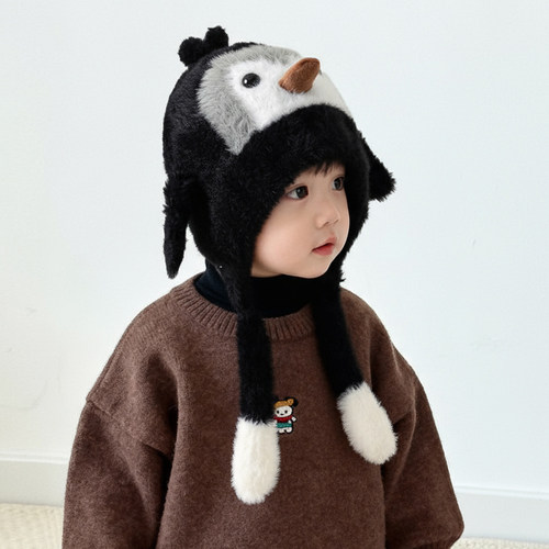 宝宝可爱小企鹅冬季加绒护耳帽