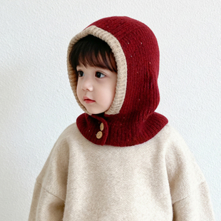婴儿帽子护耳帽宝宝针织毛线帽秋冬季儿童保暖帽男童女童围脖一体