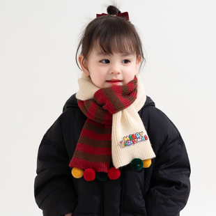 圣诞儿童围巾秋冬季男女童新年红色条纹拼色宝宝针织保暖防风围脖